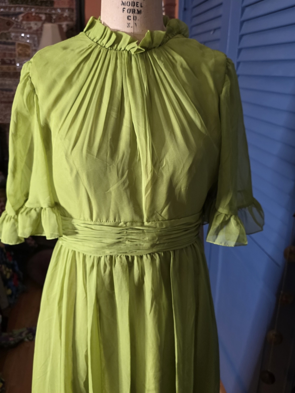 NWT Mac Duggal Chiffon Ruched Illusion Ruffle Gown Olive Chartreuse 8 - Picture 9 of 12